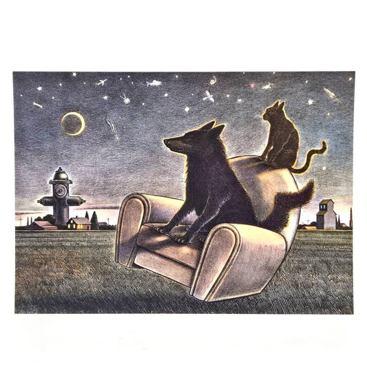 Illustration of a wolf and a cat sitting on a couch under a starry sky with a lighthouse in the background.