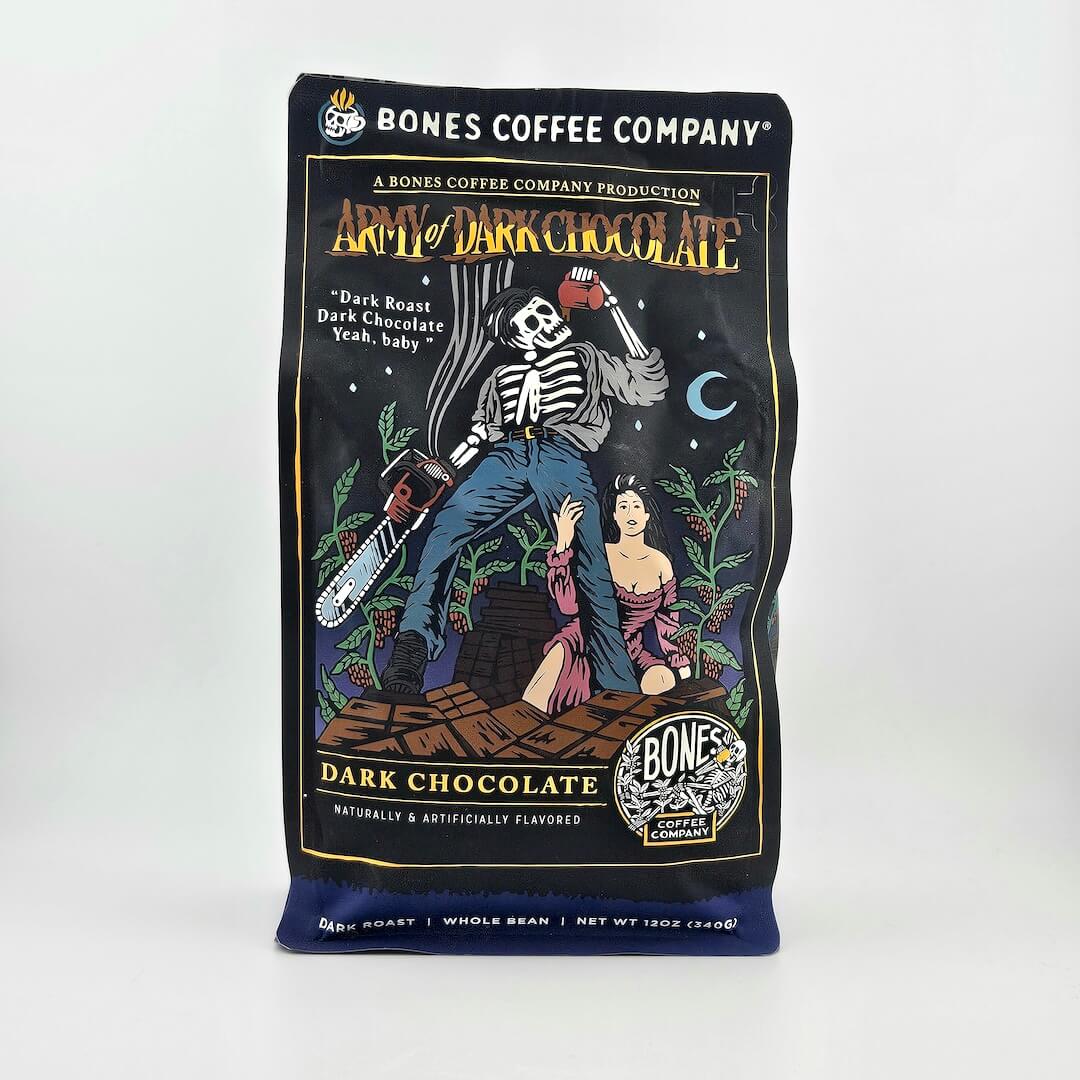 Bones Coffee Company dark chocolate coffee package with a skeleton and woman illustration on a white background