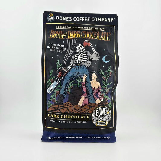 Bones Coffee Company dark chocolate coffee package with a skeleton and woman illustration on a white background