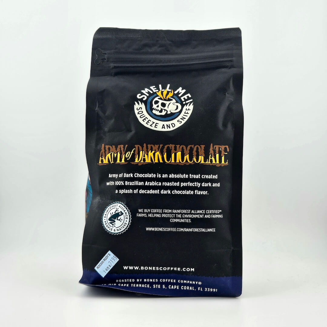 Black coffee bag with 'Army of Dark Chocolate' branding on a white background
