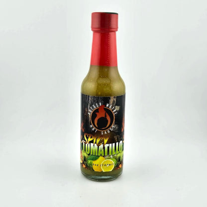 Glass bottle of hot sauce safety sealed with plastic. Label across main body of bottle details flavor and image depicting it. 