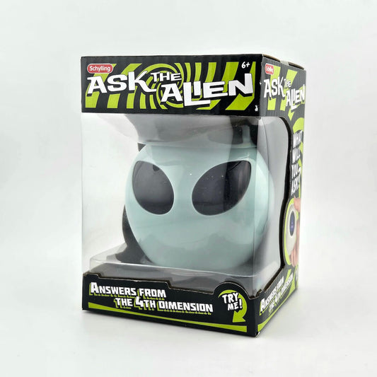Toy alien figure in packaging with 'Ask the Alien' branding on a white background