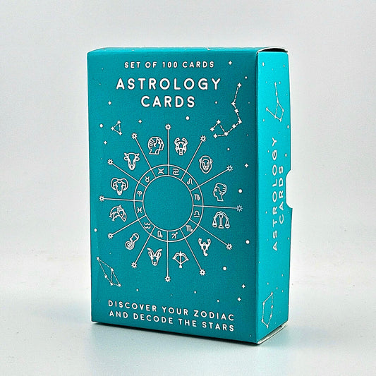 Turquoise box of Astrology cards with astrological chart illustration and text against white background.