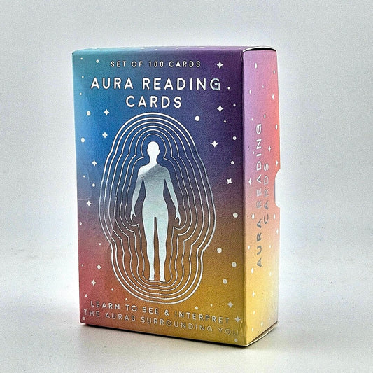 Aura reading cards packaging with gradient design and text on a light gray background