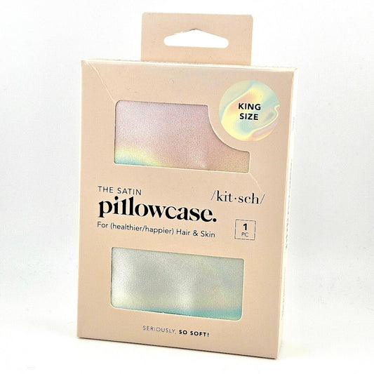 Pink box containing multicolored pillowcase against white background. 