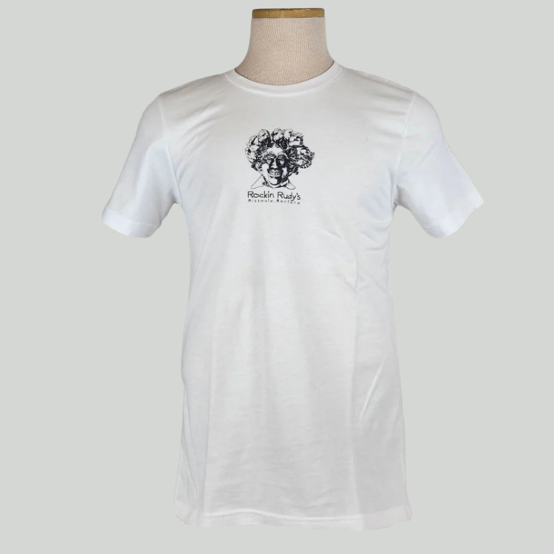 White shirt with smiling man’s head with trees for hair. "Rockin Rudy's, Missoula, Montana," printed below in center chest.