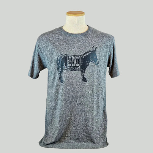 Gray t-shirt with a donkey graphic and 'BAD' text on a mannequin against a white background