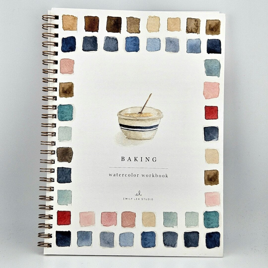 Watercolor workbook titled 'Baking' with color swatches on a white background