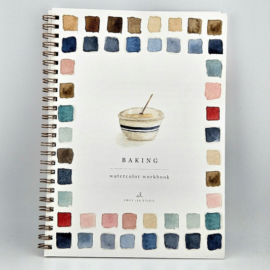 Watercolor workbook titled 'Baking' with color swatches on a white background