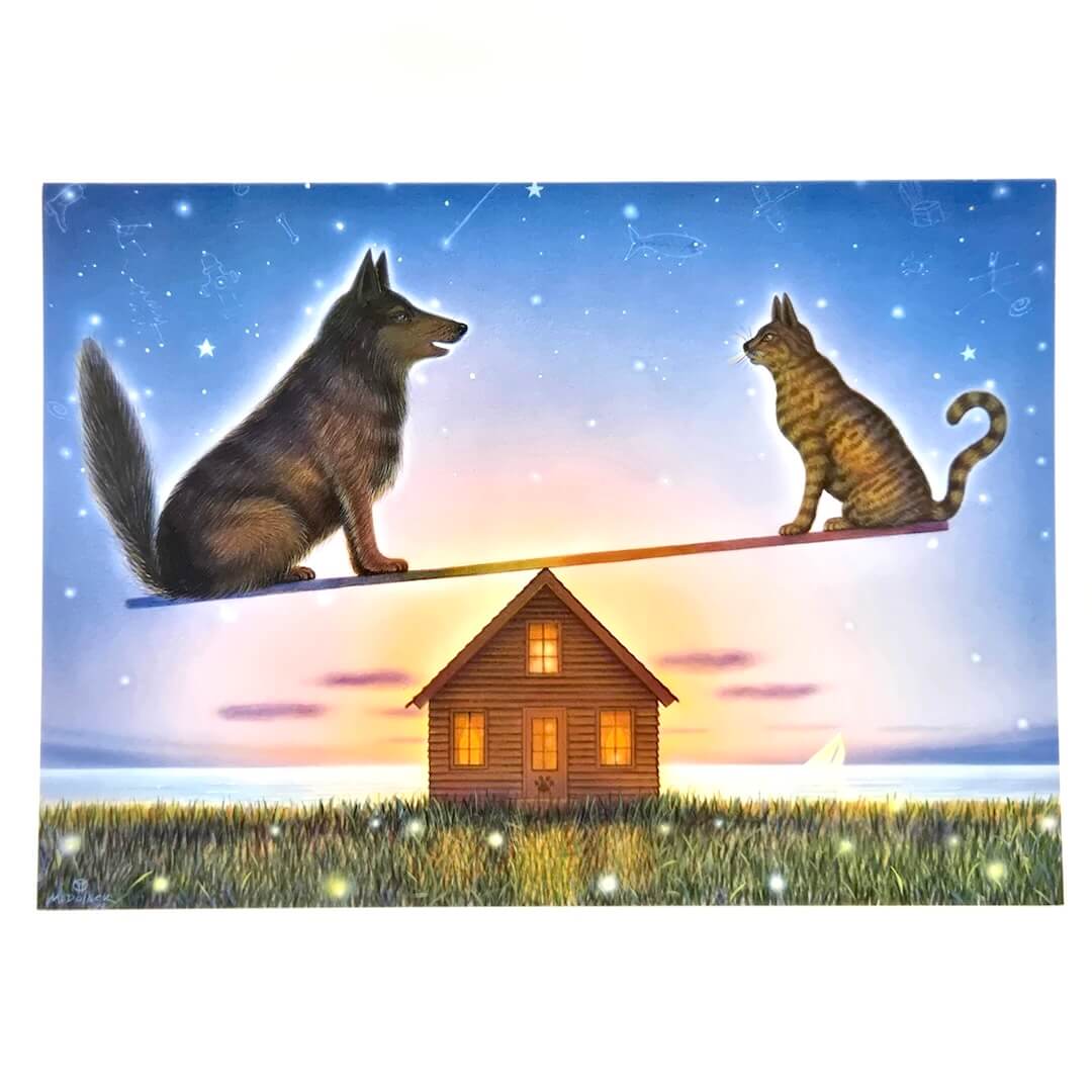 Dog and cat on a seesaw with a house at the center against a starry sky.