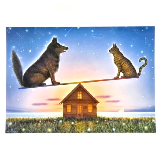 Dog and cat on a seesaw with a house at the center against a starry sky.