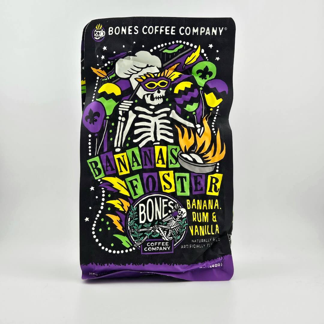 Bones Coffee Company 'Bananas Foster' coffee package on a white background