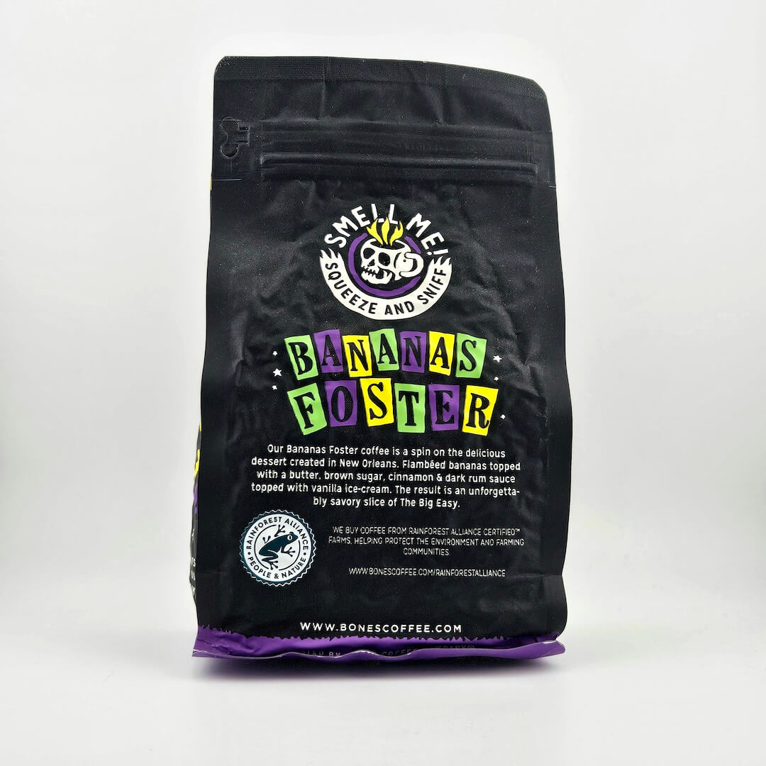Black coffee bag labeled 'Bananas Foster' by Bones Coffee on a white background