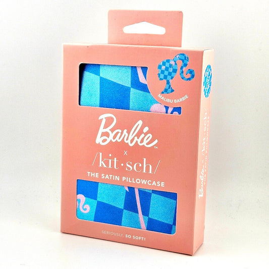 Barbie x Kitsch satin pillowcase packaging on a white background