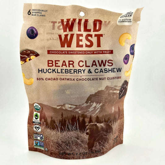Bag of Wild West Bear Claws Huckleberry & Cashew clusters on a white background