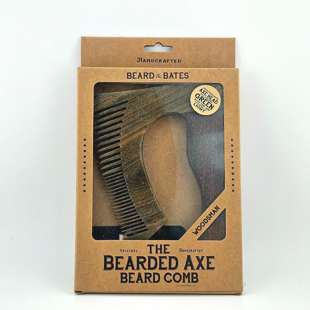 Bearded Axe beard comb in a cardboard packaging with 'Beard & Bates' branding.
