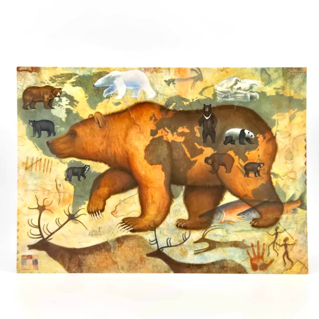 Illustration of a bear with smaller bears inside, surrounded by nature elements on a textured background.