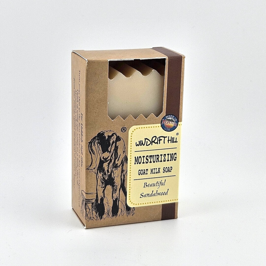 Box of Windrift Hill moisturizing goat milk soap on a gray background