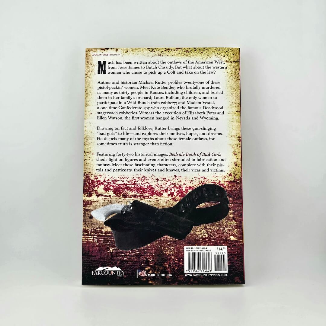 Back cover of a book with text and a graphic of a gun and hat on a white background