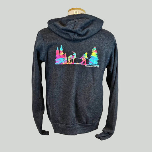 Dark gray hoodie with colorful graphic on a mannequin against a white background