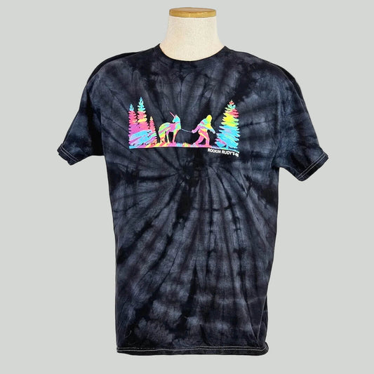 Black tie-dye t-shirt with colorful graphic on a mannequin against a white background