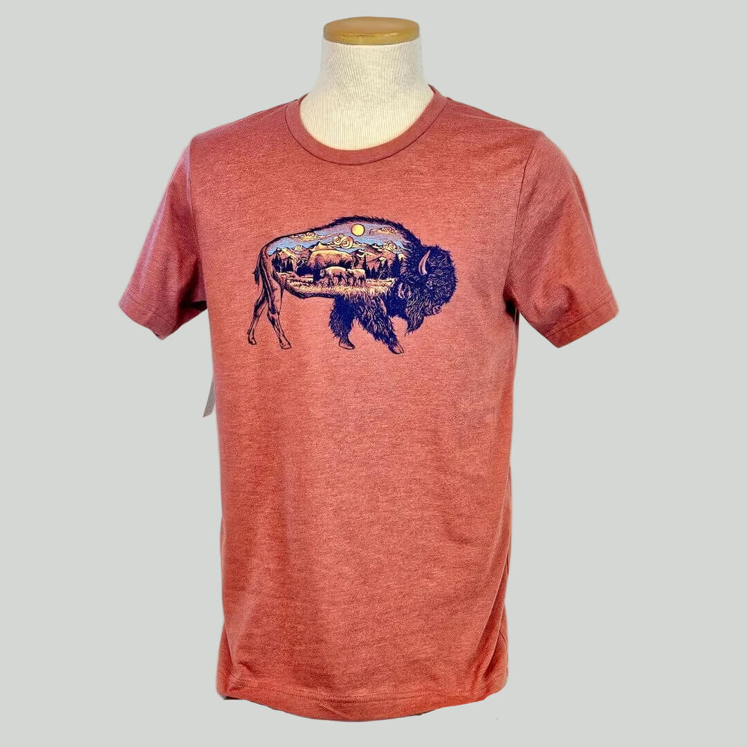 Red t-shirt with a graphic of a bison and landscape on a mannequin against a white background