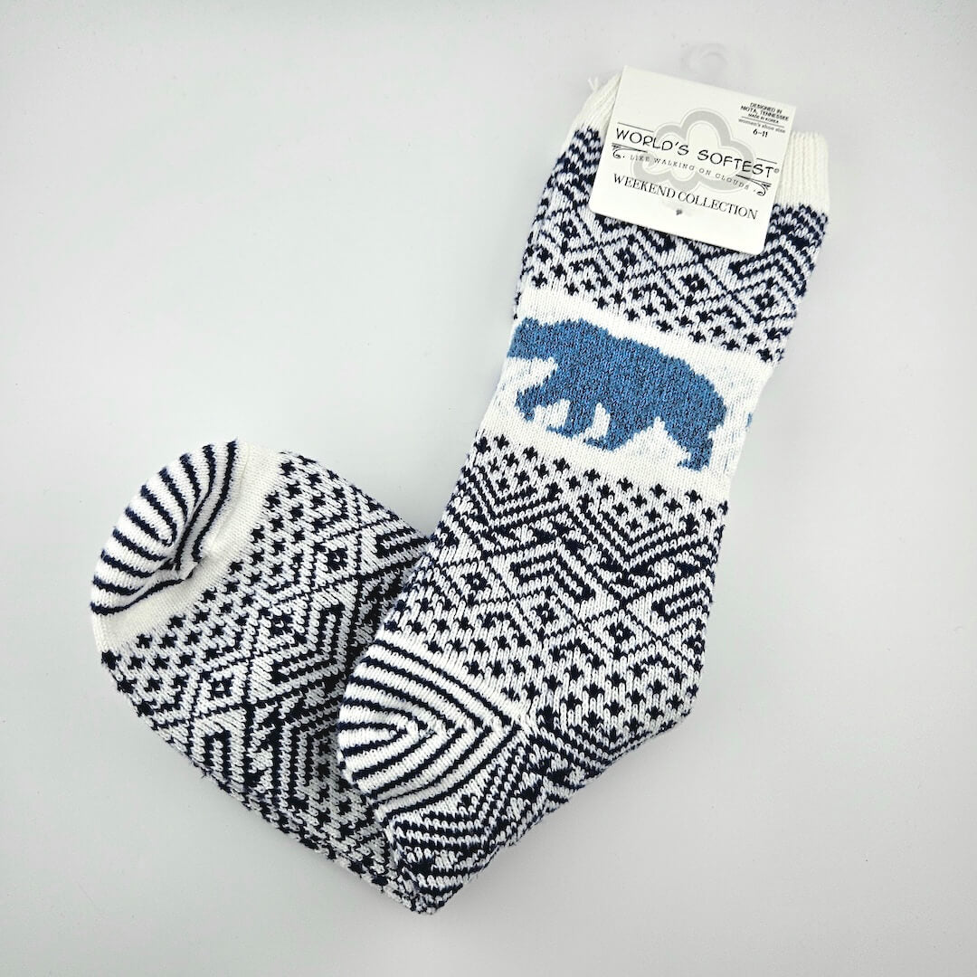Pair of patterned socks with a blue bear design on a light gray background
