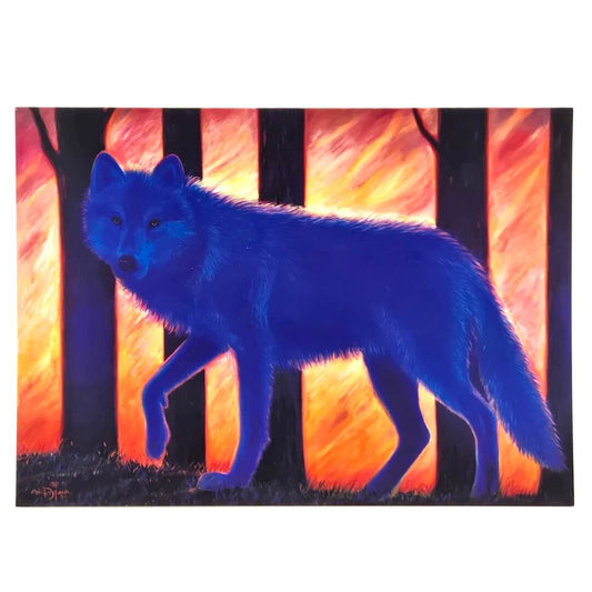 Greeting card of blue wolf set among trees with fire-like colors in background. 