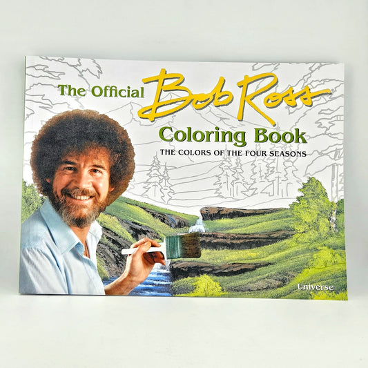 Bob Ross coloring book with a scenic illustration on a white background