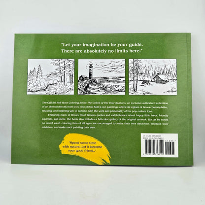 Back cover of a coloring book with illustrations and text on a green background
