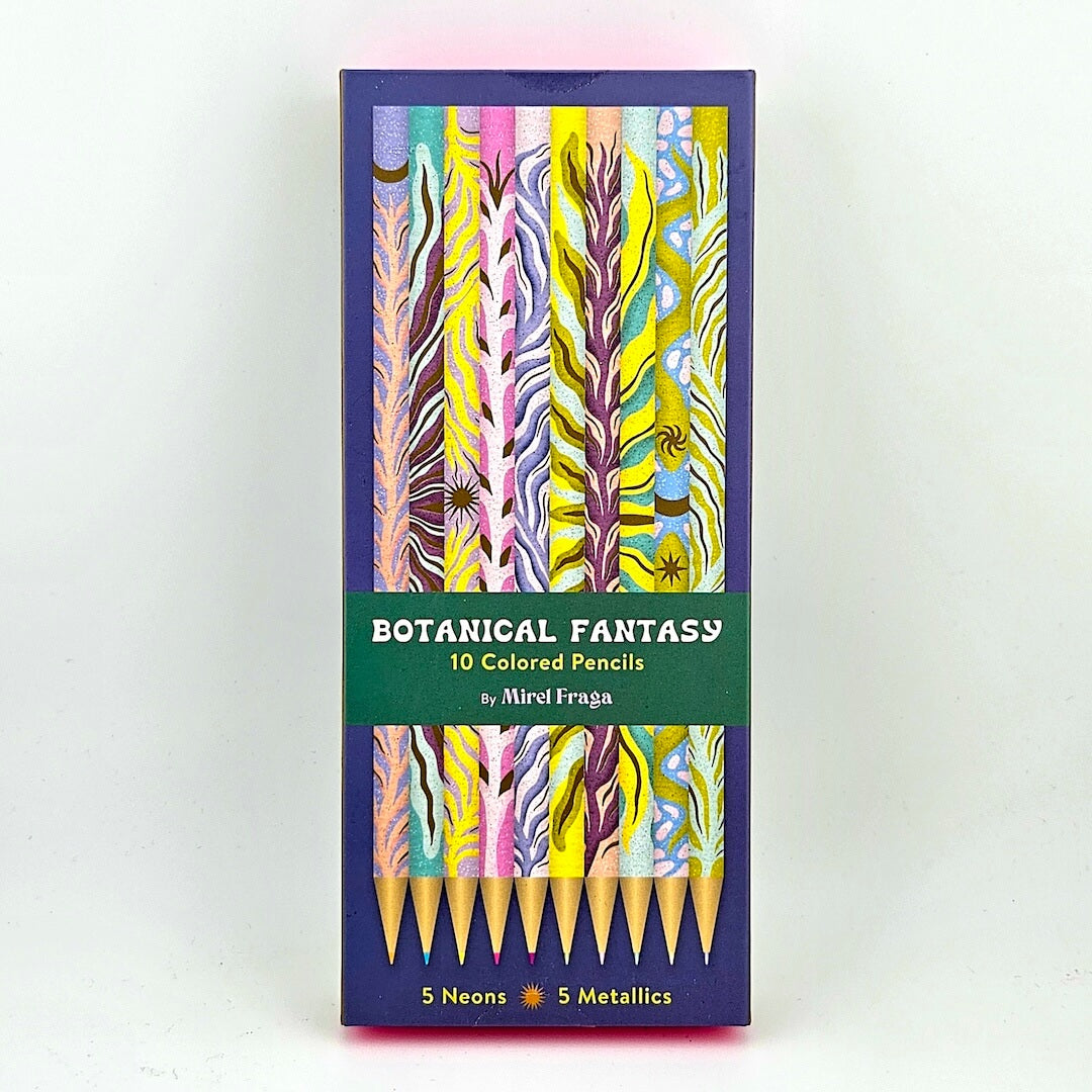 Box of Botanical Fantasy colored pencils with colorful designs on a white background