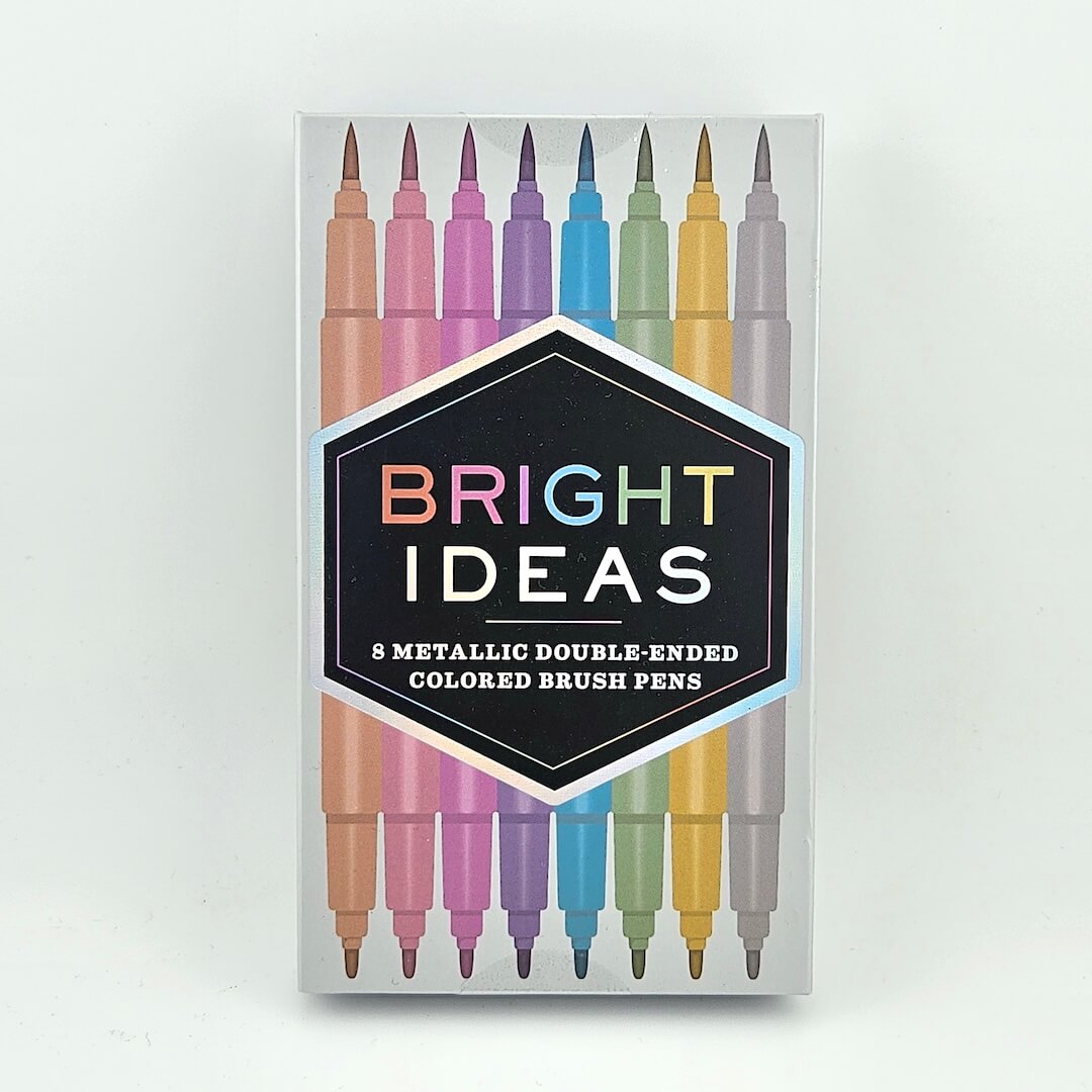 Pack of 8 metallic double-ended colored brush pens with 'Bright Ideas' branding on a white background.