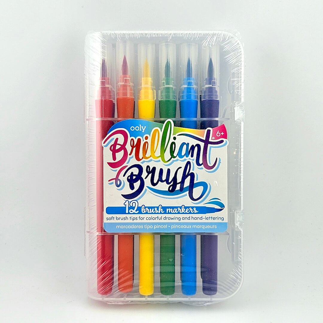 Set of 12 colorful brush markers in a clear plastic case on a white background