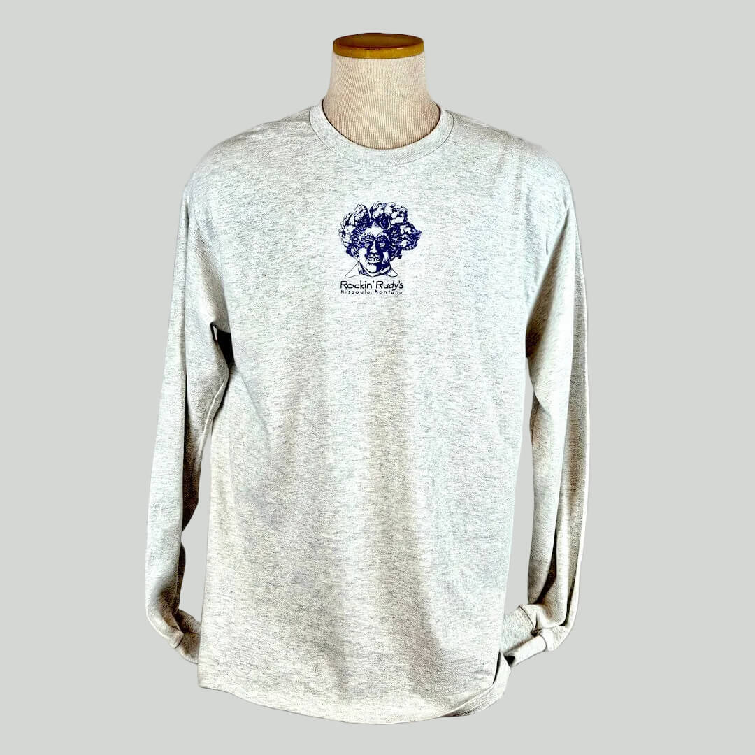 Gray long-sleeve shirt with a logo on a mannequin against a white background