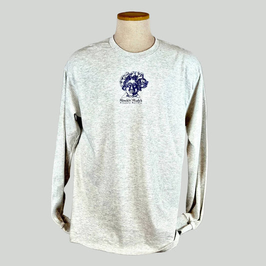 Gray long-sleeve shirt with a logo on a mannequin against a white background