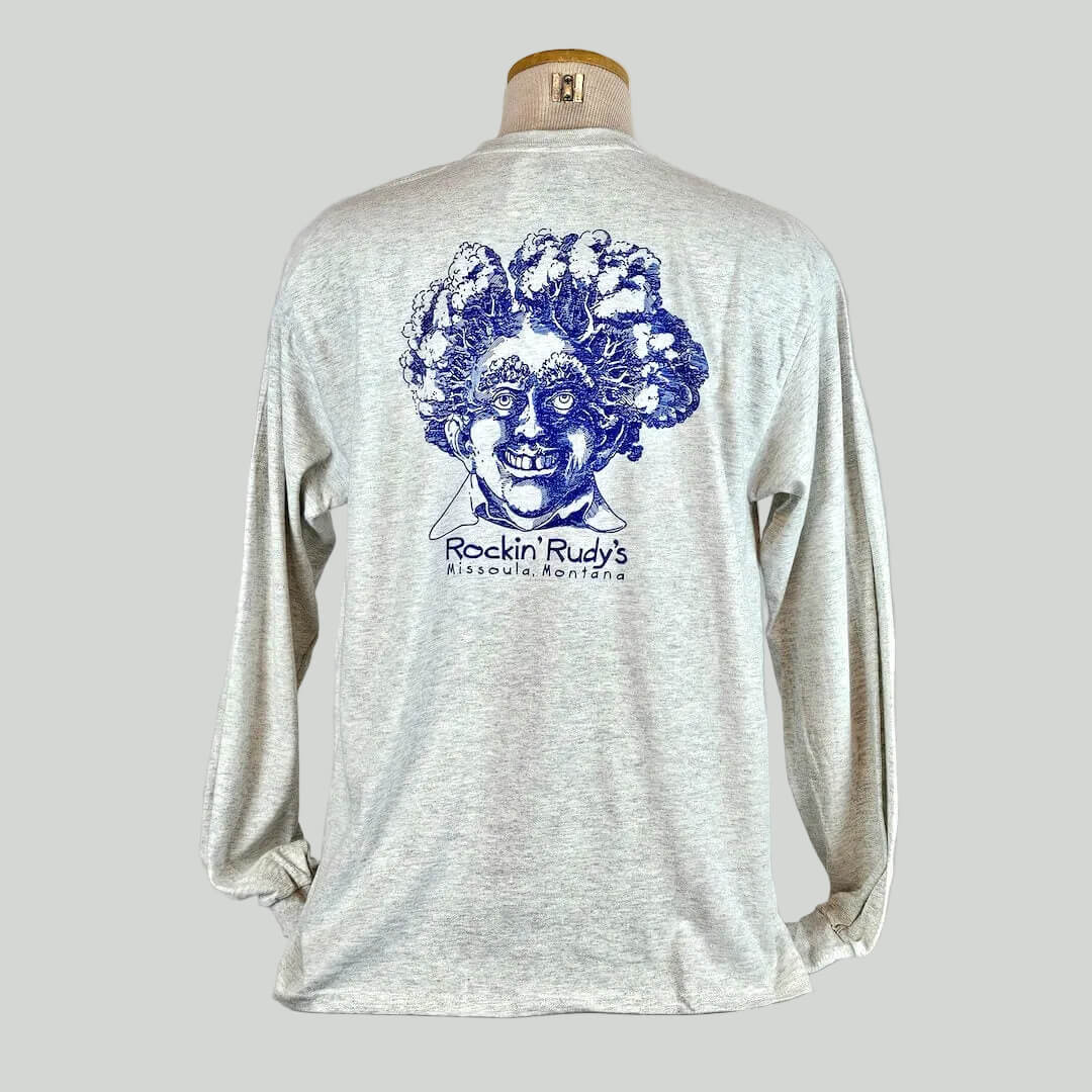 Gray long-sleeve shirt with blue graphic design on a mannequin against a white background
