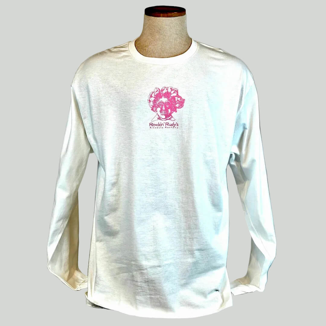 White long-sleeve shirt with a logo on a mannequin against a white background
