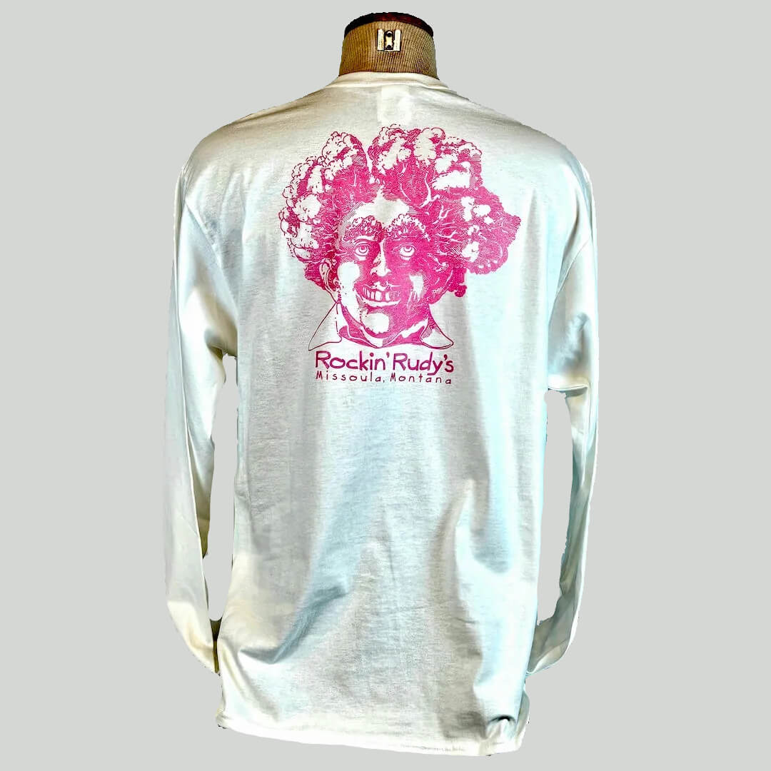 White long-sleeve shirt with pink graphic and text on a white background
