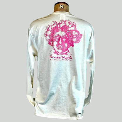 White long-sleeve shirt with pink graphic and text on a white background