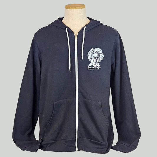 Black hoodie with a logo on a mannequin against a gray background