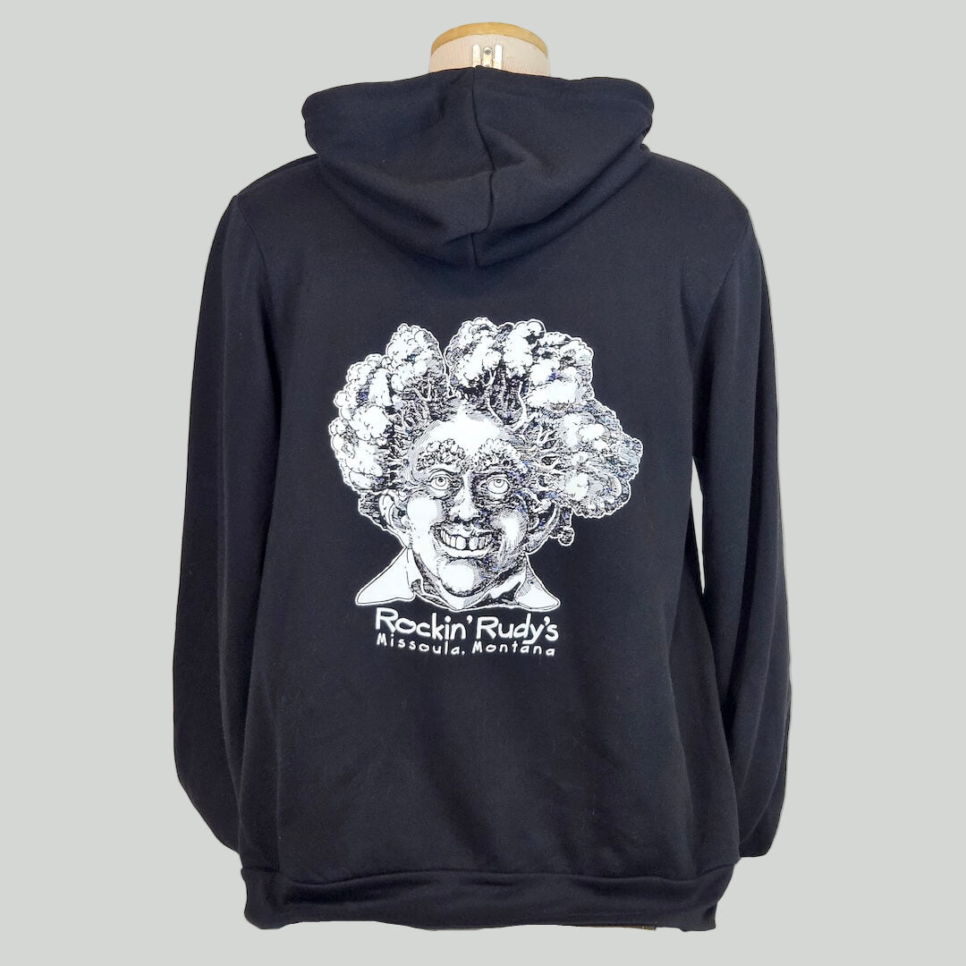 Black hoodie with a graphic design on the back against a white background