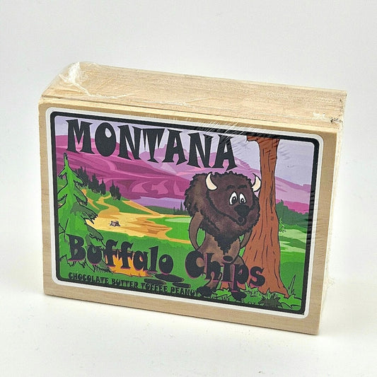 Box of Montana Buffalo Chips with a colorful label featuring a buffalo and nature scene.