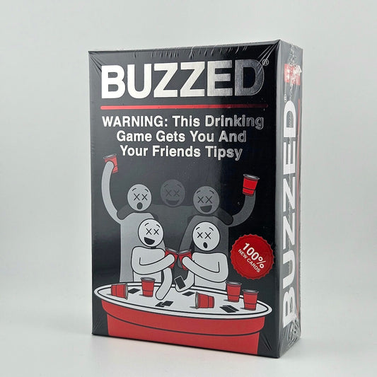 Box of 'Buzzed' drinking game with cartoon characters and text on a gray background