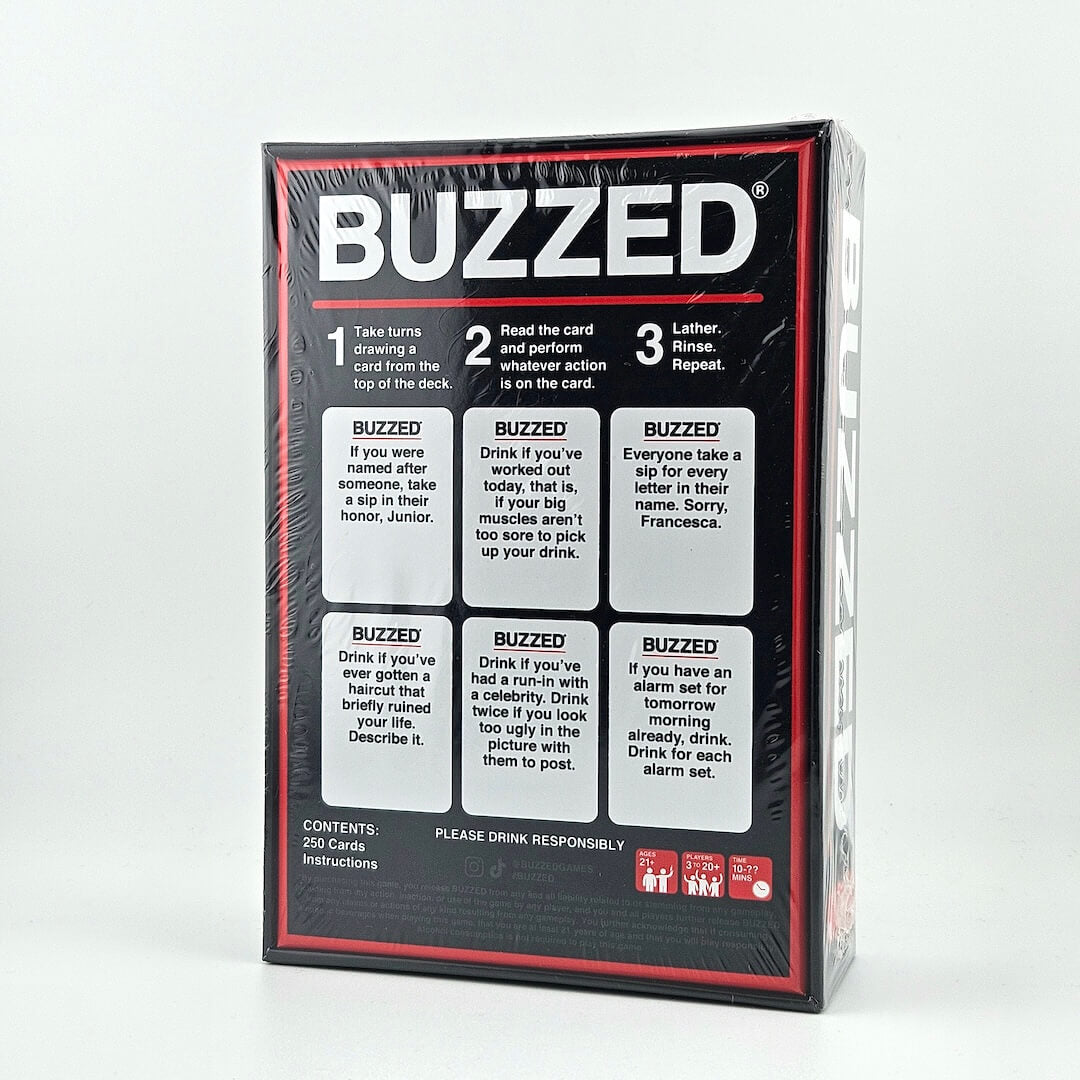 Packaging of 'Buzzed' game with text and rules on a white background