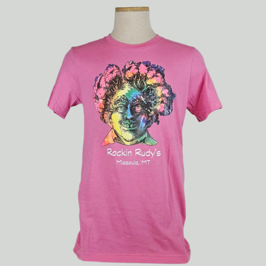 Hot pink shirt with tie dye colored bust of man with broccoli/trees for hair in sketch style above store name & location. 
