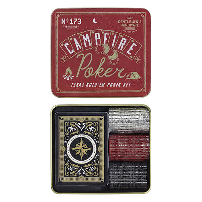 Red and black tin with poker set inside and gold text against white background.