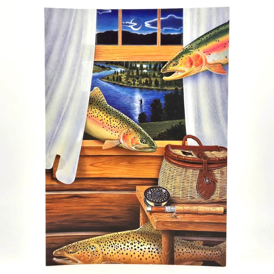 Fishing-themed artwork with fish, fly fishing gear, and a cabin scene.
