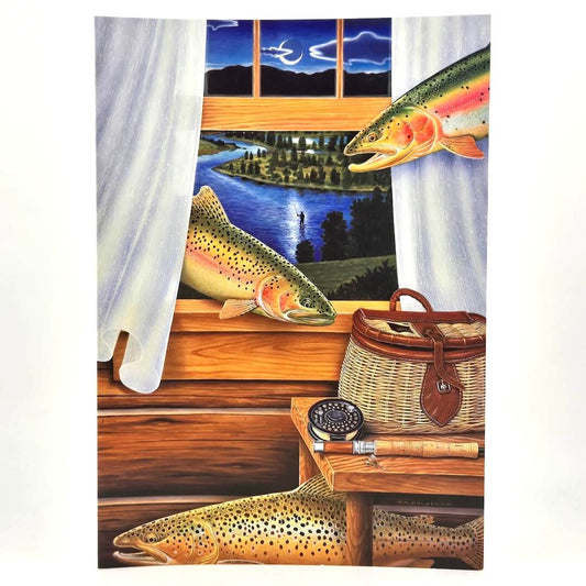 Fishing-themed artwork with fish, fly fishing gear, and a cabin scene.