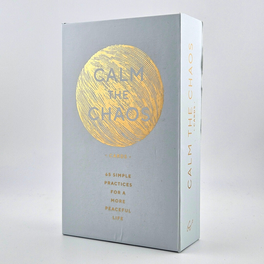 white box with gold text for "Calm the Chaos" card set against white background.