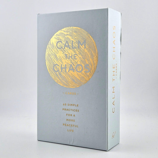 white box with gold text for "Calm the Chaos" card set against white background.